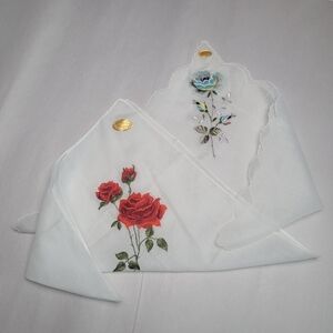 Vintage Lot Of 2 Floral Embroidered Cotton Hankies